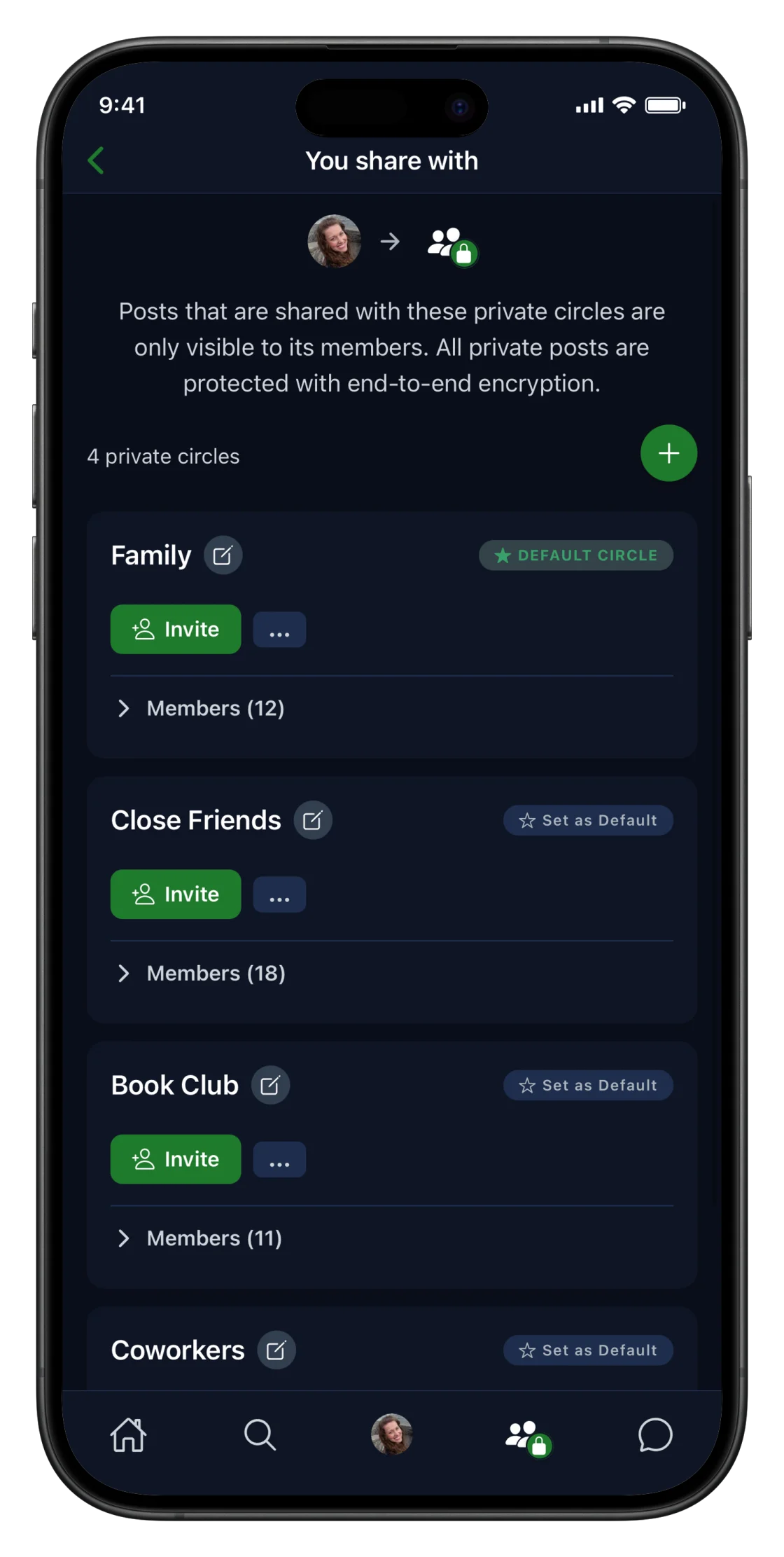 Rhize's circle management screen on iPhone listing private circles like Family, Close Friends, Book Club, and Coworkers.