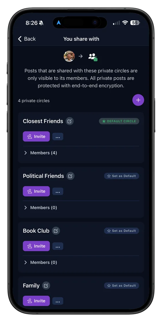 Denazen's circles management screen: four circles named Closest Friends, Political Friends, Book Club, and Family, with invite buttons and member counts.