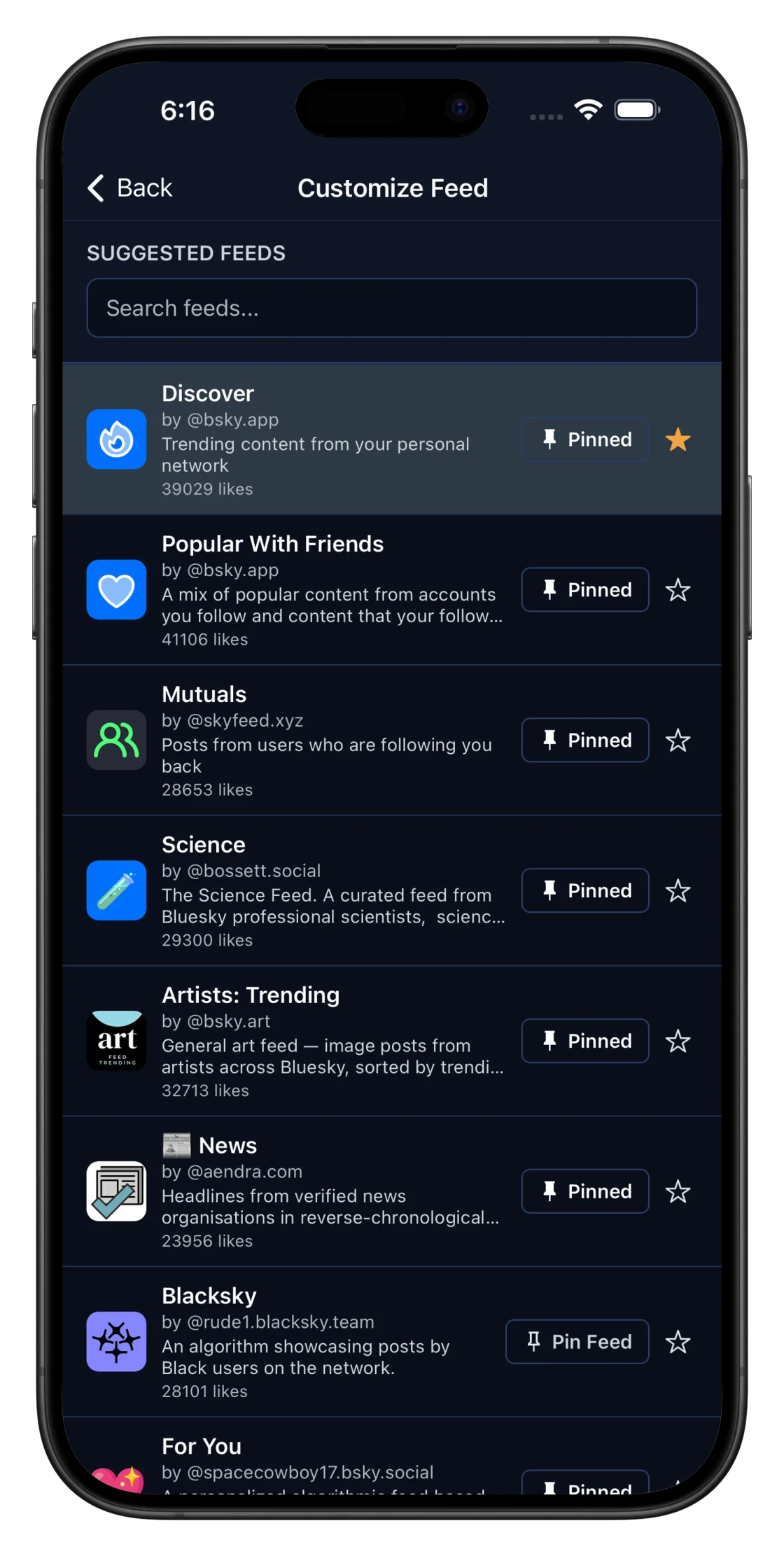 Rhize's Customize Feed screen on iPhone showing suggested public feeds like Discover, Popular With Friends, Mutuals, Science, Artists: Trending, and News.