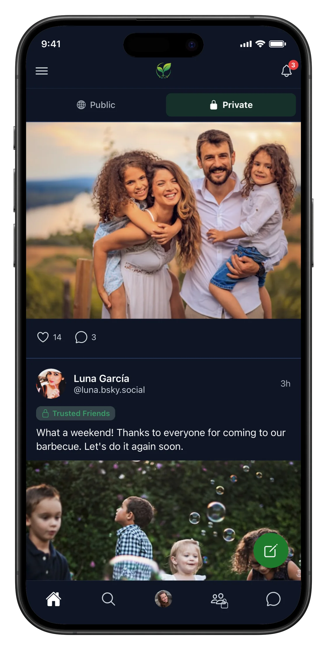Rhize app on iPhone showing the private feed with a family weekend post by Luna García shared with her Trusted Friends circle.