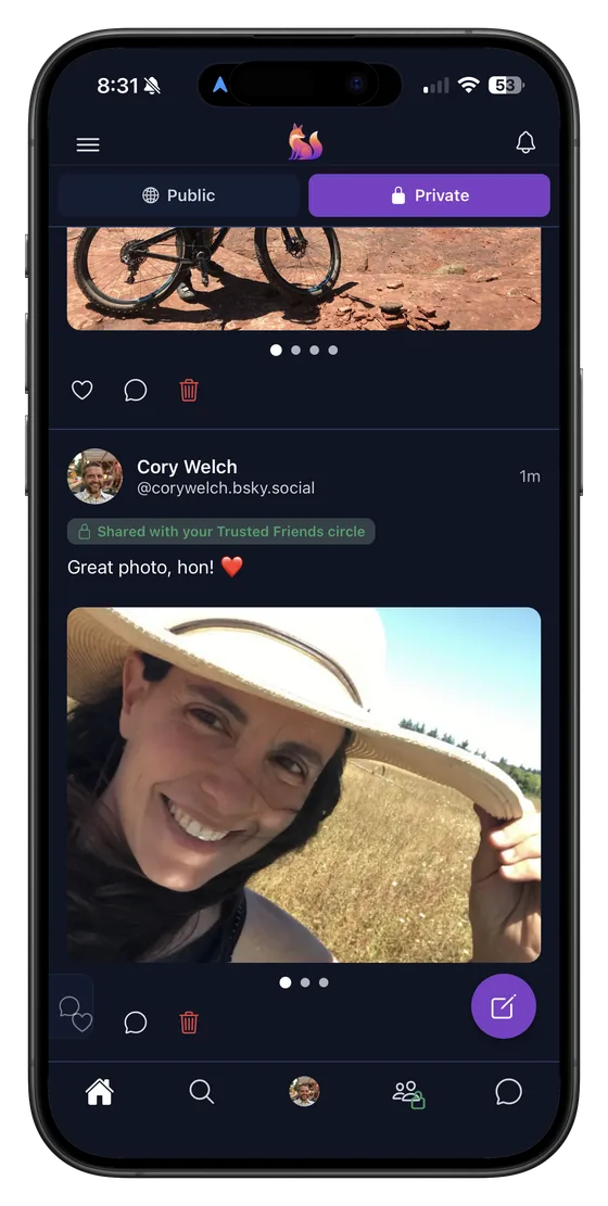 Denazen app on iPhone showing a private feed, with a post tagged 'Shared with your Trusted Friends circle'.