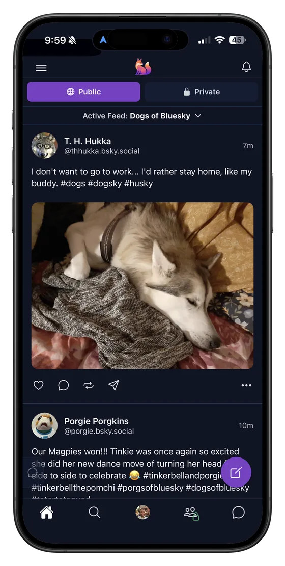 Denazen app on iPhone showing a public feed of posts from Bluesky.
