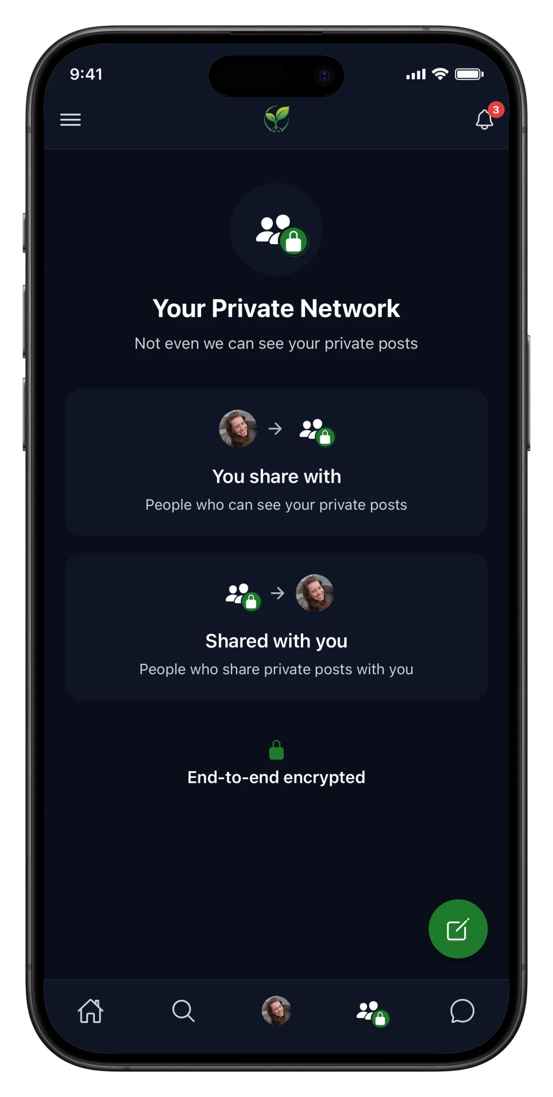 Rhize's Your Private Network screen on iPhone, showing who you share with, who shares with you, and end-to-end encryption.