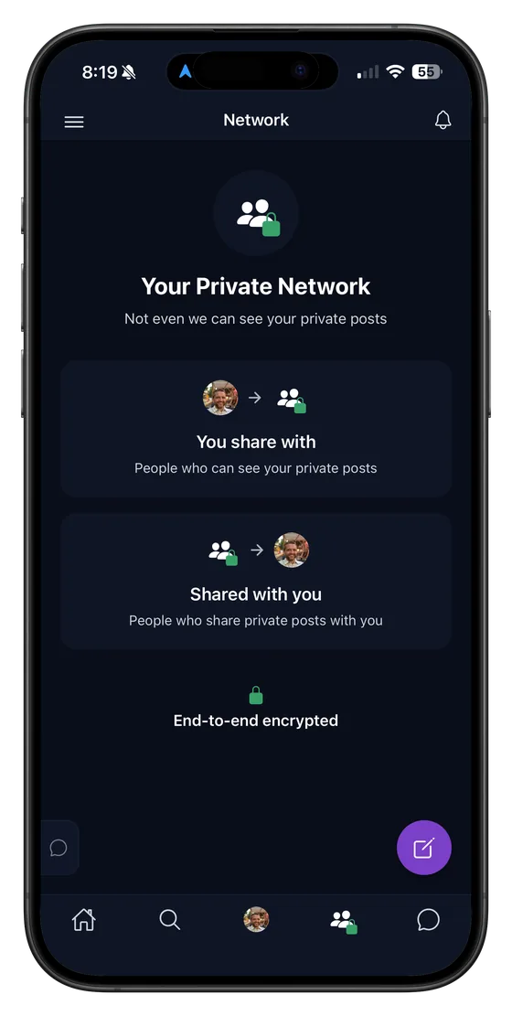 Denazen's Private Network screen on iPhone, explaining end-to-end encryption: 'Not even we can see your private posts.'