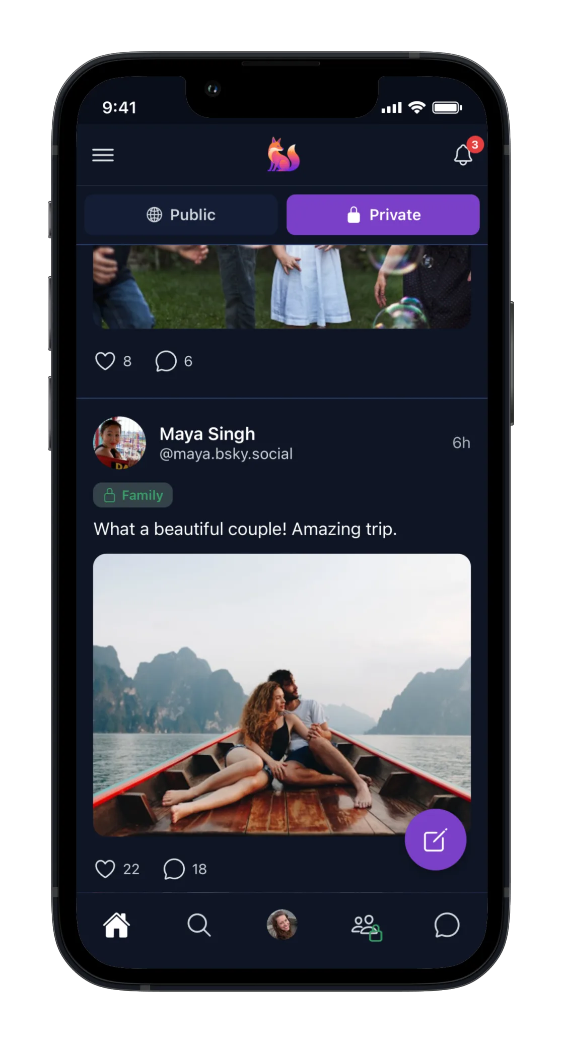 Denazen's private feed showing a couple's trip post shared with the user's Family circle.